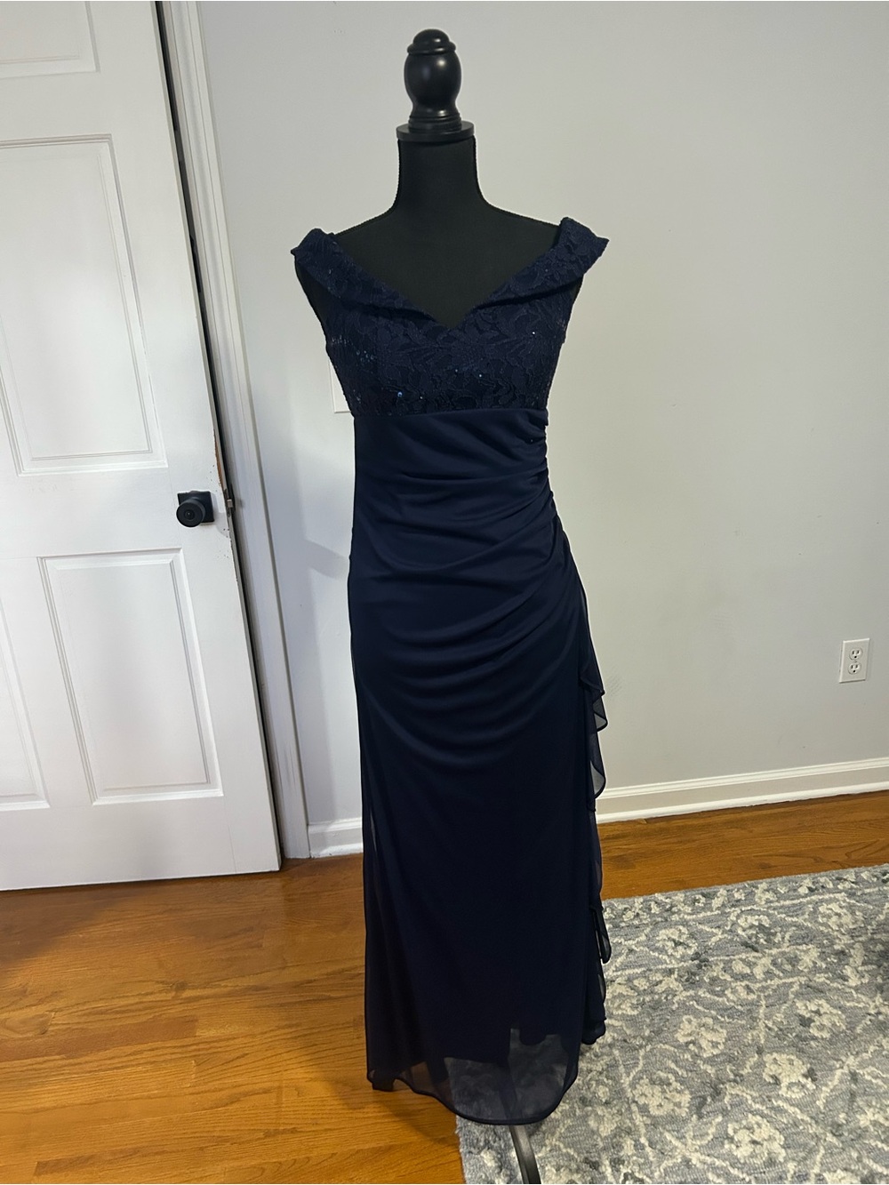 Betsy & Adam Navy Beaded Off-Shoulder Evening Gown